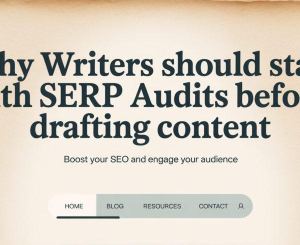 A laptop with a blog post titled 'Why Writers Should Start With SERP Audits Before Drafting Content' on the screen.