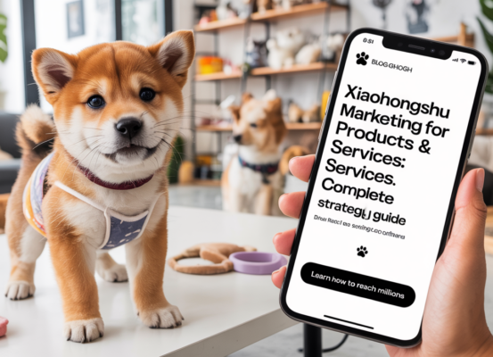 Banner for Xiaohongshu marketing guide on pet products, includes playful pet icons.