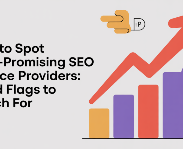 Banner titled 'How to Spot Over-Promising SEO Service Providers: 7 Red Flags to Watch For' with warning symbols.