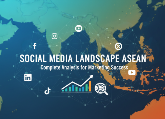 Banner titled 'Social Media Landscape ASEAN' with marketing icons and vibrant colors
