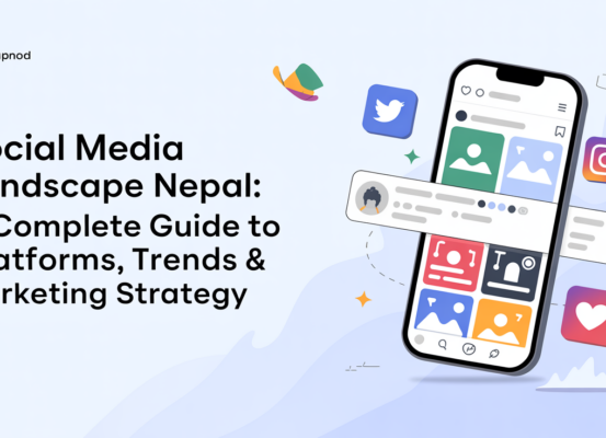 Banner titled 'Social Media Landscape Nepal' with colorful icons and text.