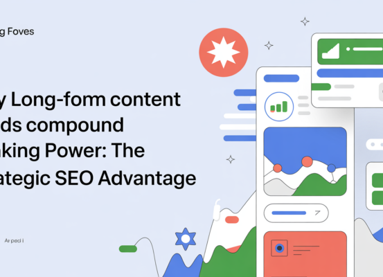 Banner titled 'Why Long-Form Content Builds Compound Ranking Power' with a strategic SEO theme.
