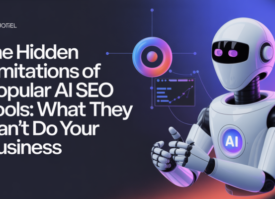 Banner with bold title 'The Hidden Limitations of Popular AI SEO Tools' overlaid on abstract tech background.