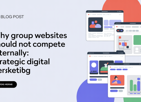 Banner with bold title 'Why Group Websites Should Not Compete Internally' on digital marketing theme