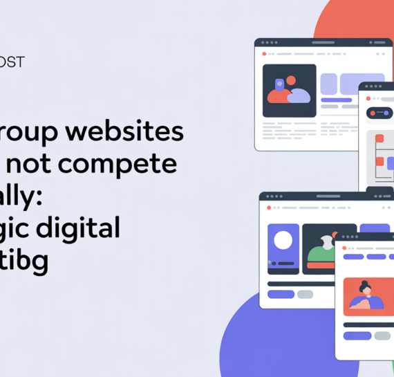 Banner with bold title 'Why Group Websites Should Not Compete Internally' on digital marketing theme