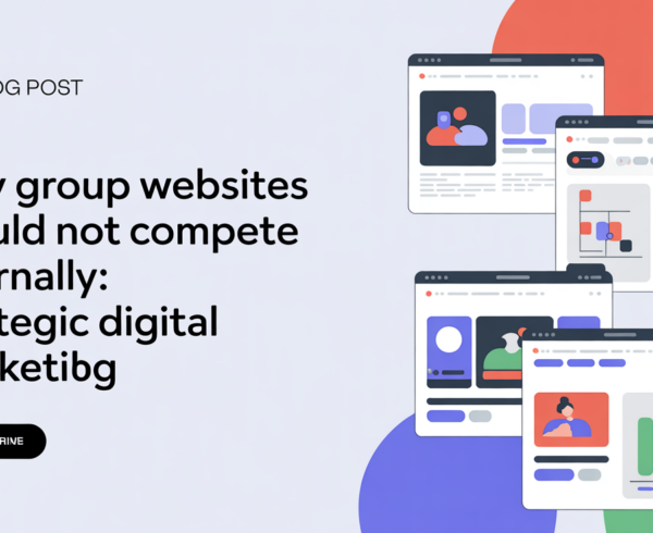 Banner with bold title 'Why Group Websites Should Not Compete Internally' on digital marketing theme