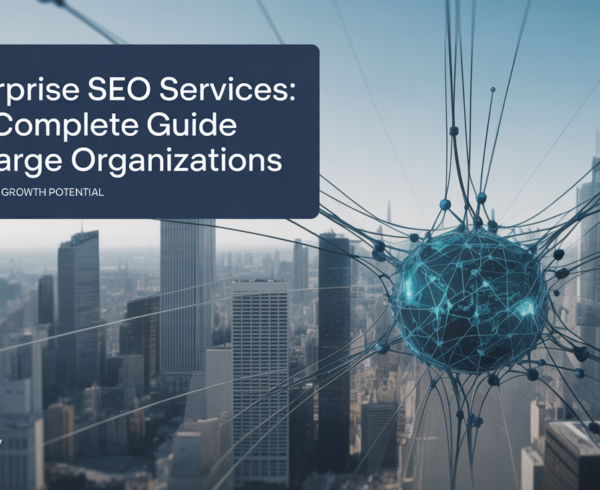 Banner with 'Enterprise SEO Services: The Complete Guide for Large Organizations' title on a modern, tech-themed background