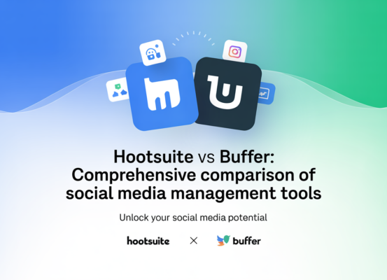 Banner with 'Hootsuite vs Buffer: Comprehensive Comparison' title, social media icons in background.