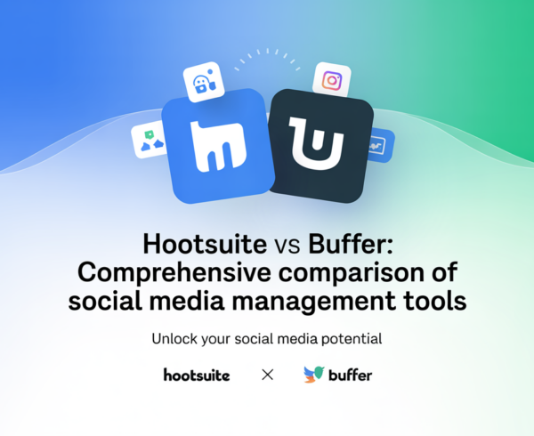 Banner with 'Hootsuite vs Buffer: Comprehensive Comparison' title, social media icons in background.