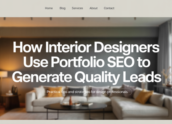 Banner with 'How Interior Designers Use Portfolio SEO to Generate Quality Leads' title over a stylish room.