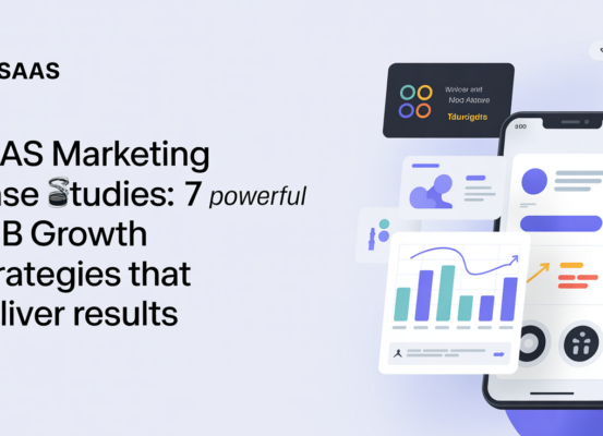 Banner with 'SaaS Marketing Case Studies: 7 Powerful B2B Growth Strategies That Deliver Results' title, sleek and professional design