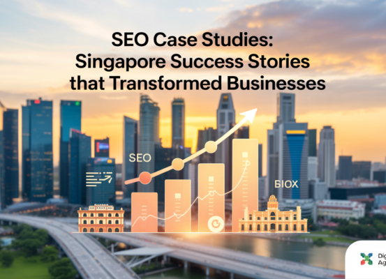 Banner with 'SEO Case Studies: Singapore Success Stories' title on a sleek, modern design.