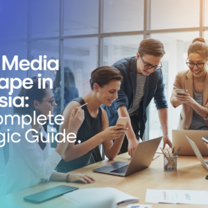 Banner with 'Social Media Landscape in Malaysia: The Complete Strategic Guide' in bold text, set against a digital network background.