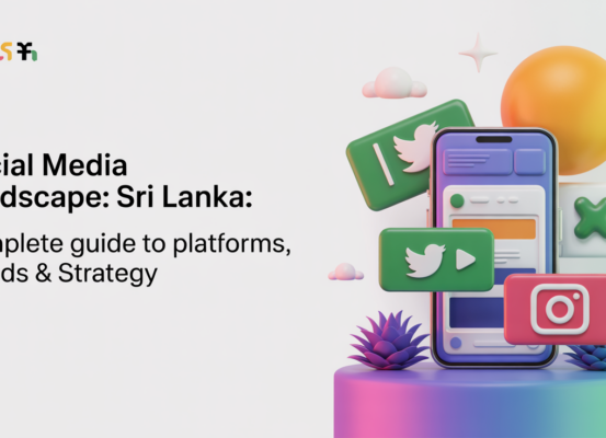 Banner with 'Social Media Landscape Sri Lanka' title over digital network icons and vibrant colors