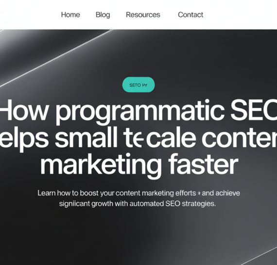 Banner with text 'How Programmatic SEO Helps Small Teams Scale Content Marketing Faster' over a digital marketing theme.