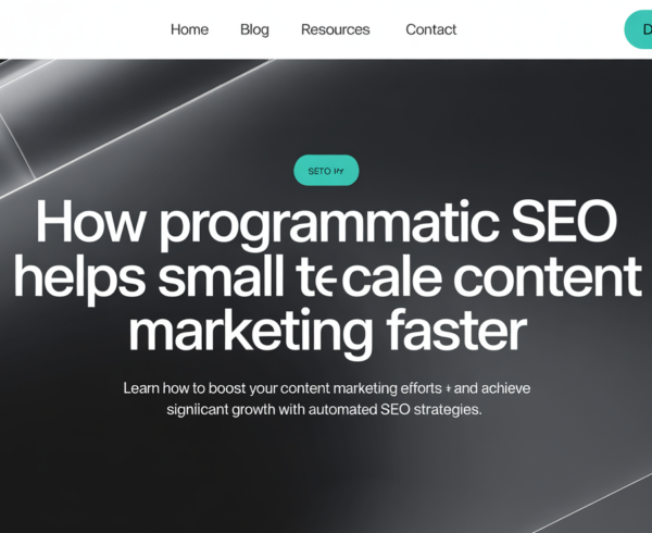 Banner with text 'How Programmatic SEO Helps Small Teams Scale Content Marketing Faster' over a digital marketing theme.