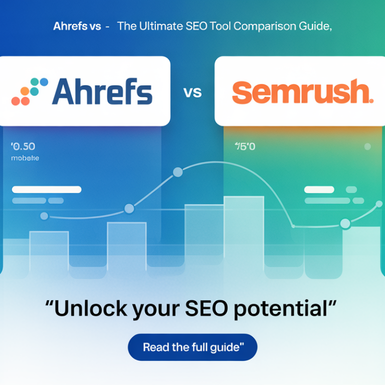 Banner with title 'Ahrefs vs SEMrush: The Ultimate SEO Tool Comparison Guide', sleek design