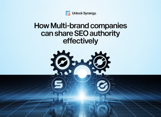 Banner with title 'How Multi-Brand Companies Can Share SEO Authority Effectively'.