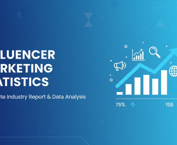 Banner with title 'Influencer Marketing Statistics: Complete Industry Report & Data Analysis' in bold font over a digital marketing themed background.