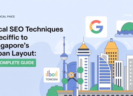 Banner with title 'Local SEO Techniques Specific to Singapore's Urban Layout: A Complete Guide' over a city skyline.