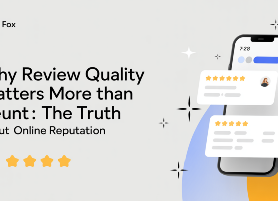 Banner with title 'Why Review Quality Matters More Than Review Count' on a digital background