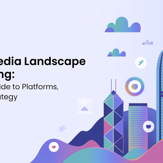 Blog banner: 'Social Media Landscape Hong Kong' with digital icons and Hong Kong skyline