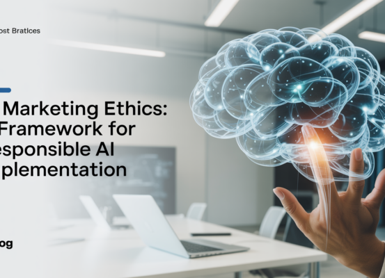 Blog banner titled 'AI Marketing Ethics: A Framework for Responsible AI Implementation' with a digital tech theme.