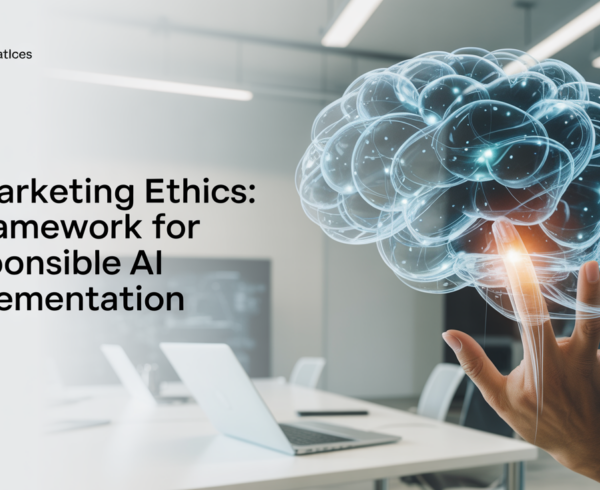 Blog banner titled 'AI Marketing Ethics: A Framework for Responsible AI Implementation' with a digital tech theme.