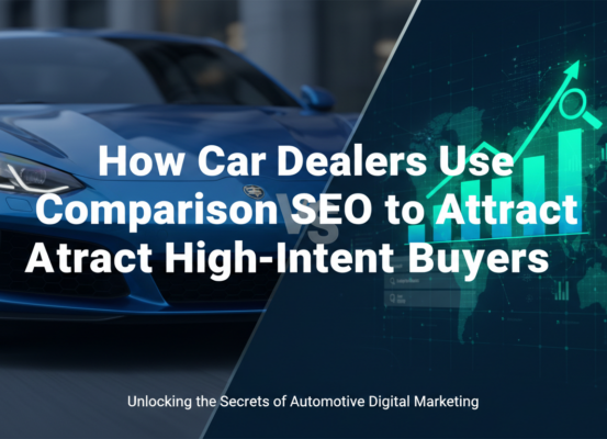 Blog banner titled 'How Car Dealers Use Comparison SEO to Attract High-Intent Buyers' with sleek car graphics.