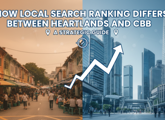 Blog banner titled 'How Local Search Ranking Differs Between Heartlands and CBD: A Strategic Guide'
