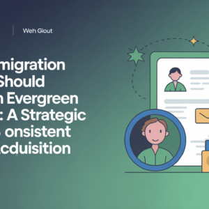 Blog banner titled 'Why Immigration Agents Should Focus on Evergreen Content' with a strategic guide theme.