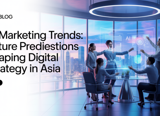 Blog banner with 'AI Marketing Trends: Future Predictions Shaping Digital Strategy in Asia' title, colorful tech-themed design.