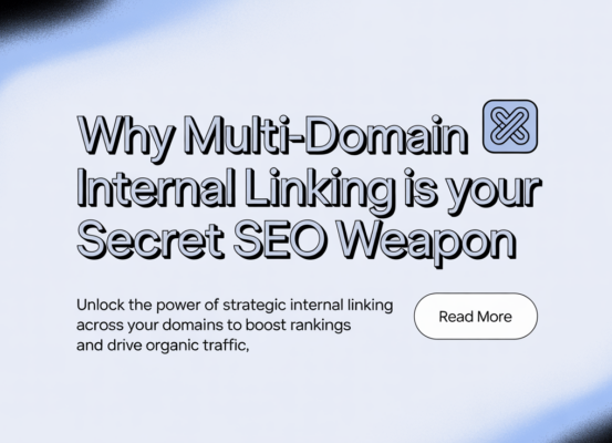 Blog banner with bold title 'Why Multi-Domain Internal Linking Is Your Secret SEO Weapon' on a sleek background.