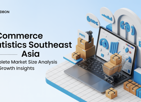 Blog banner with 'E-commerce Statistics Southeast Asia' title on a digital theme background