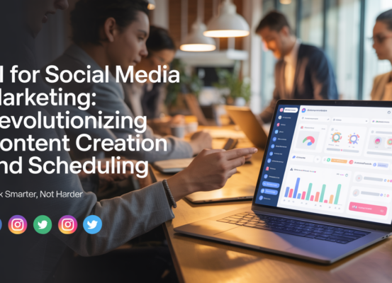 Blog banner with title 'AI for Social Media Marketing' over digital icons and social media logos.