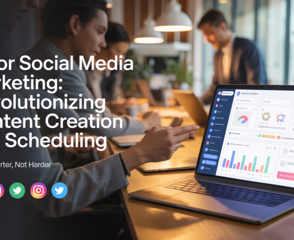 Blog banner with title 'AI for Social Media Marketing' over digital icons and social media logos.