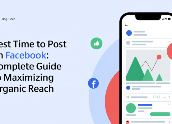 Blog banner with title 'Best Time to Post on Facebook: Complete Guide to Maximizing Organic Reach' in bold font.