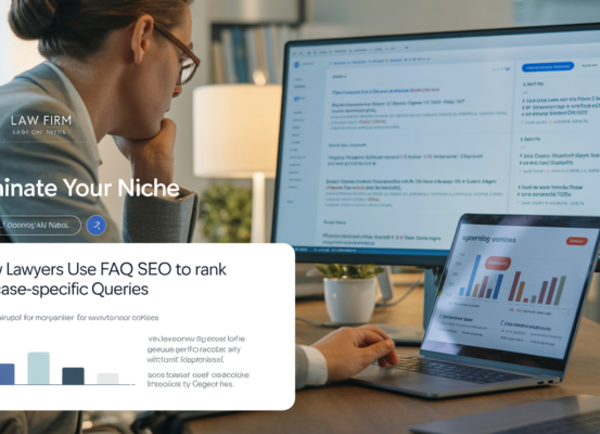 Blog banner with title 'How Lawyers Use FAQ SEO to Rank for Case-Specific Queries' in bold font.