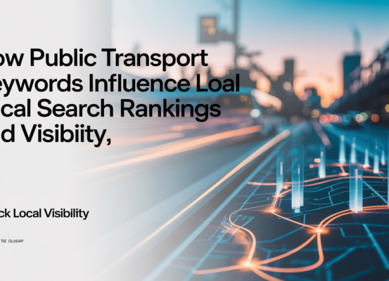 Blog banner with title 'How Public Transport Keywords Influence Local Search Rankings and Visibility' on a cityscape background.
