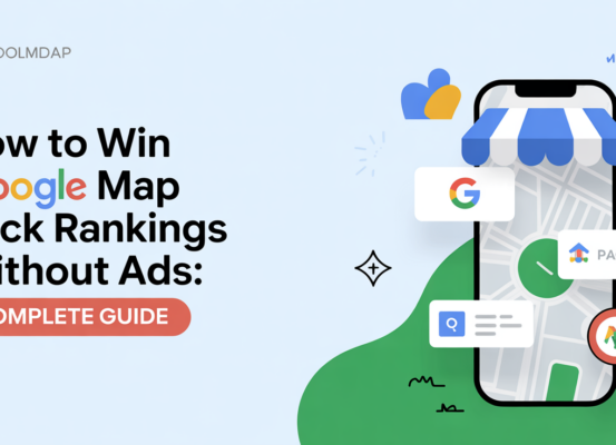 Blog banner with title 'How to Win Google Map Pack Rankings Without Ads: Complete Guide' in bold text.