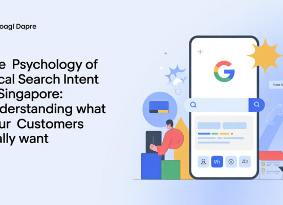 Blog banner with title 'The Psychology of Local Search Intent in Singapore' on a cityscape background.