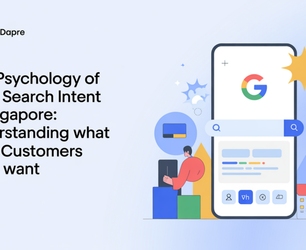 Blog banner with title 'The Psychology of Local Search Intent in Singapore' on a cityscape background.