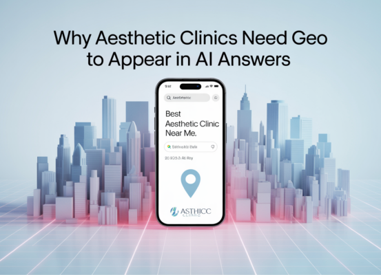 Blog banner with title 'Why Aesthetic Clinics Need GEO to Appear in AI Answers' in elegant font.