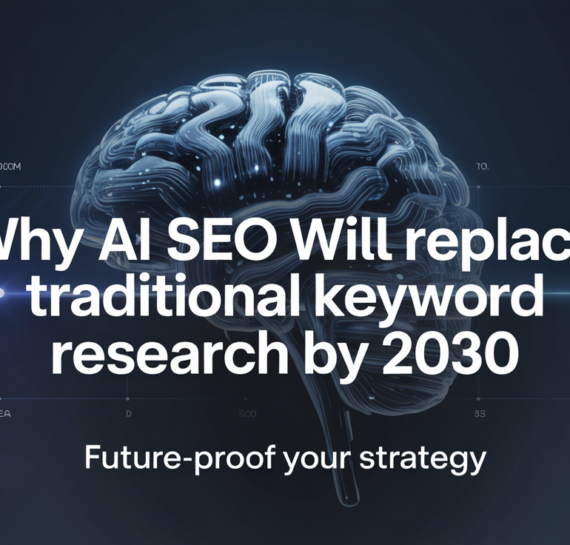 Blog banner with title 'Why AI SEO Will Replace Traditional Keyword Research by 2030' in bold.