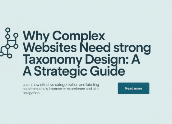 Blog banner with title 'Why Complex Websites Need Strong Taxonomy Design: A Strategic Guide' against a sleek, modern background.