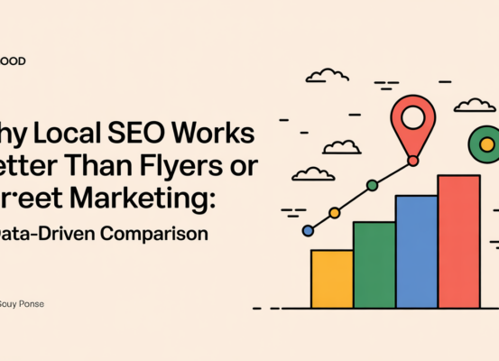 Blog banner with title 'Why Local SEO Works Better Than Flyers or Street Marketing' against a cityscape background.