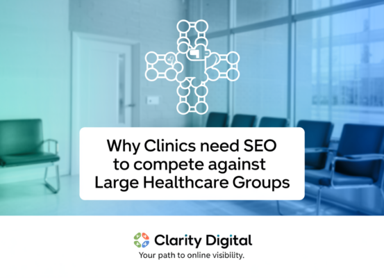 Blog banner with 'Why Clinics Need SEO to Compete' title over healthcare-themed background