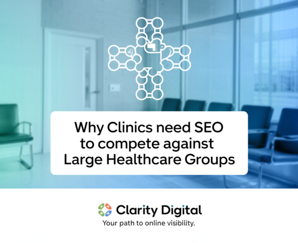 Blog banner with 'Why Clinics Need SEO to Compete' title over healthcare-themed background