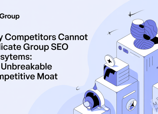 Blog banner with 'Why Competitors Cannot Replicate Group SEO Ecosystems' title