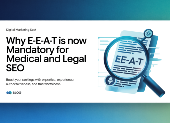 Blog banner with 'Why E-E-A-T Is Now Mandatory for Medical and Legal SEO' in bold text